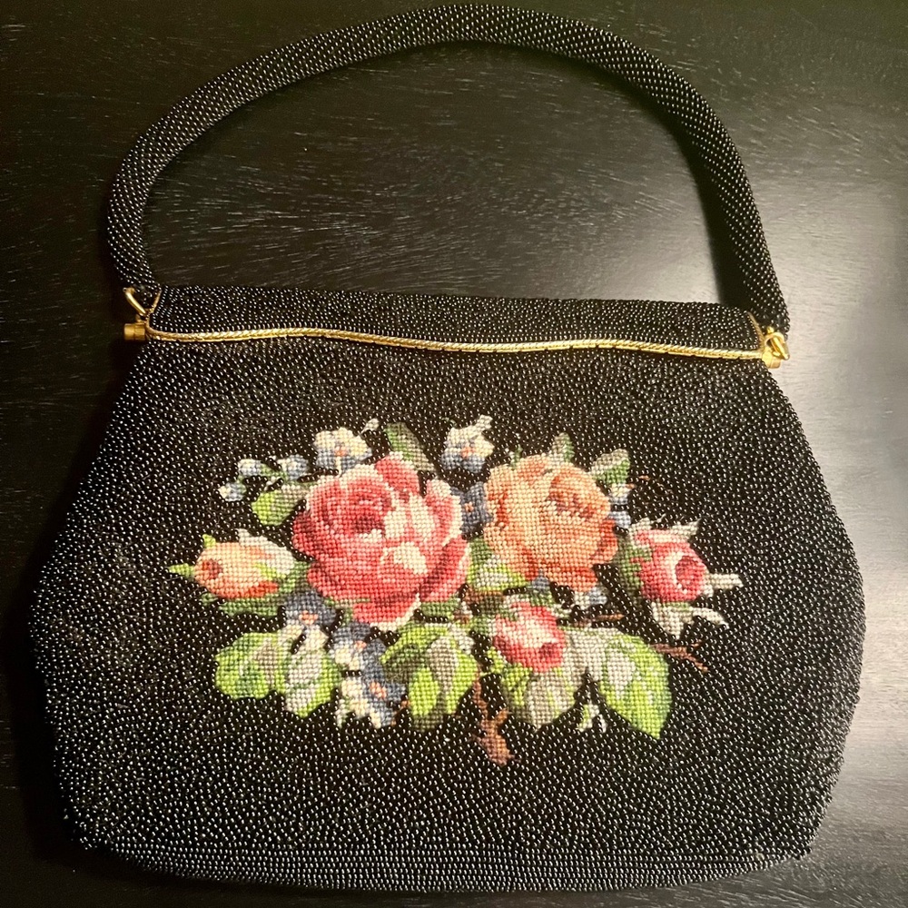 1950’s Vintage Floral Beaded Black Handbag